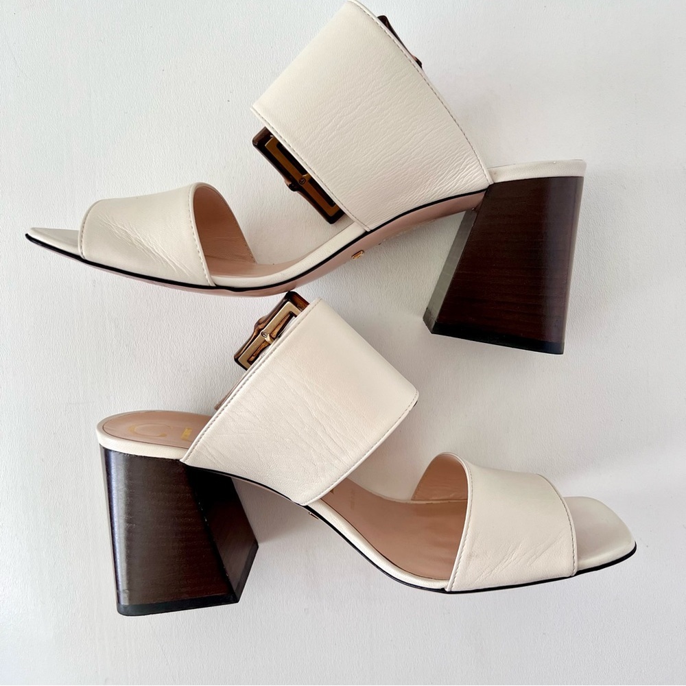 GUCCI || Bamboo Buckle Mule Sandals White Leather Block Heel EU 37 - Picture 7 of 16
